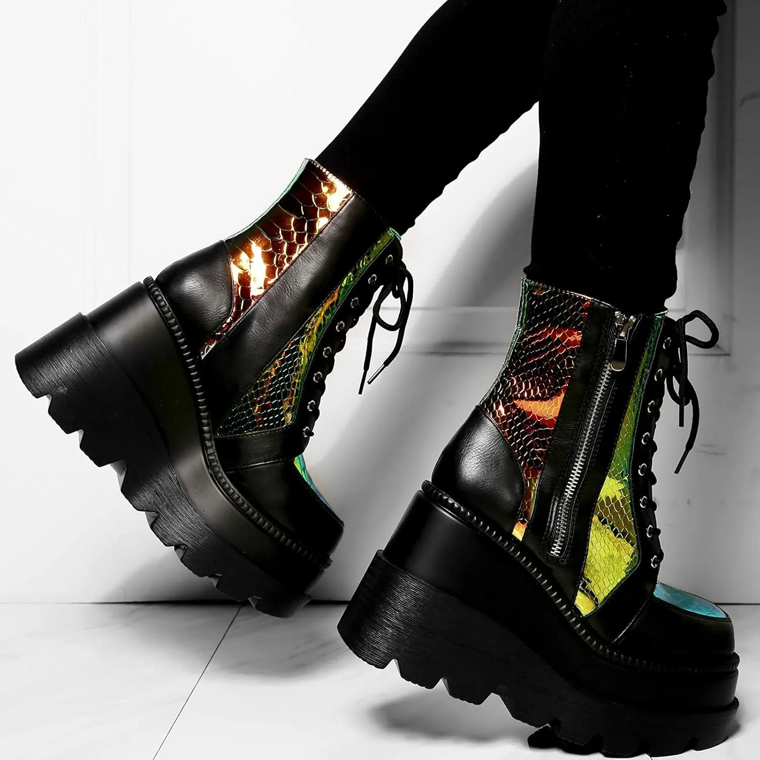 GUNIYIFS Womens Combat Ankle Boots Leather Zipper Lace Up Booties Gothic Boots for Women Platform Chunky Heel Mid Calf Boots