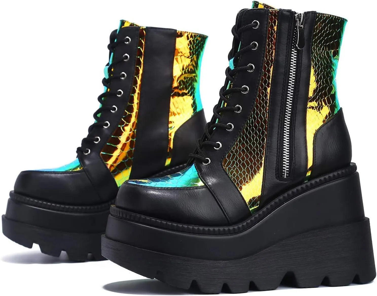 GUNIYIFS Womens Combat Ankle Boots Leather Zipper Lace Up Booties Gothic Boots for Women Platform Chunky Heel Mid Calf Boots
