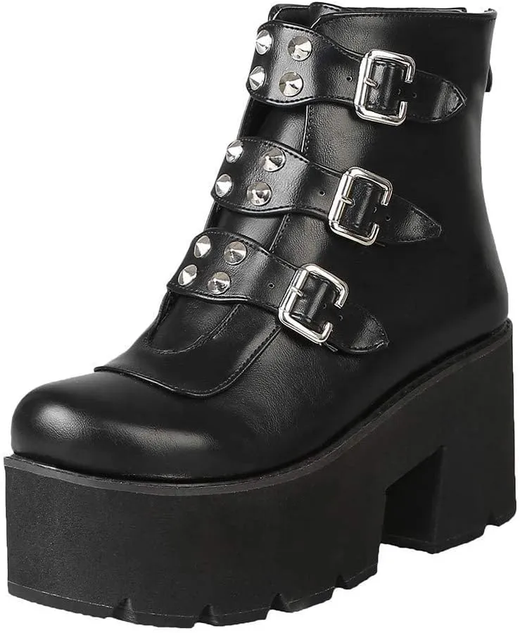 GUNIYIFS Womens Combat Boots Black with Heel Round Toe Buckle Military Boots for Women Faux Leather High Chunky Heel Ankle Booties Platform Boots