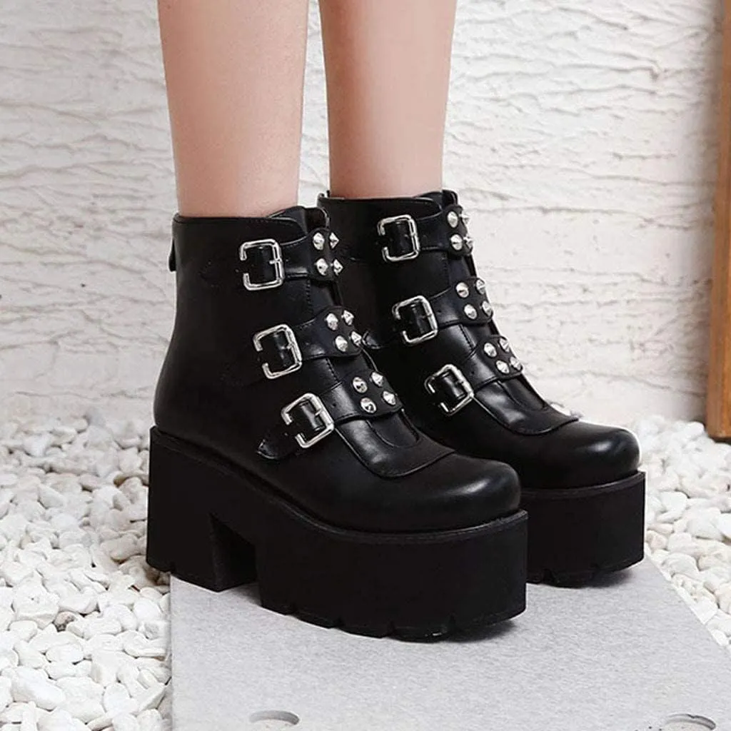GUNIYIFS Womens Combat Boots Black with Heel Round Toe Buckle Military Boots for Women Faux Leather High Chunky Heel Ankle Booties Platform Boots