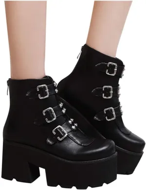 GUNIYIFS Womens Combat Boots Black with Heel Round Toe Buckle Military Boots for Women Faux Leather High Chunky Heel Ankle Booties Platform Boots