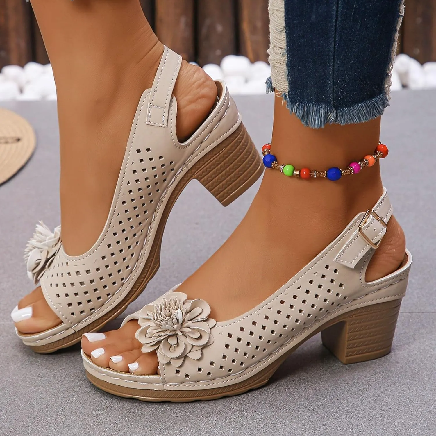 Hbeylia Womens Heeled Sandals Chunky Low Heels Round Open Toe Back Strap Ankle Buckle Dress Shoes Backless Slip On Comfortable Block Heel Summer Shoes for Wedding Bridal Evening Party Prom
