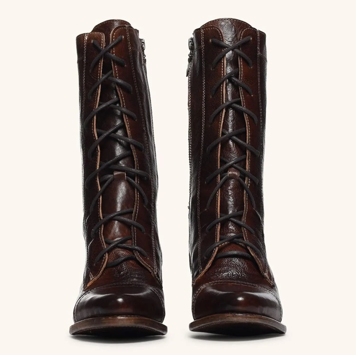 Hiking Boots Women Retro Color Block Thigh High Boots Pointed Lace-Up Chunky Heeled Zipper Mid Calf Boots