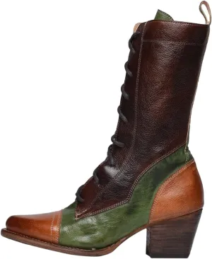 Hiking Boots Women Retro Color Block Thigh High Boots Pointed Lace-Up Chunky Heeled Zipper Mid Calf Boots
