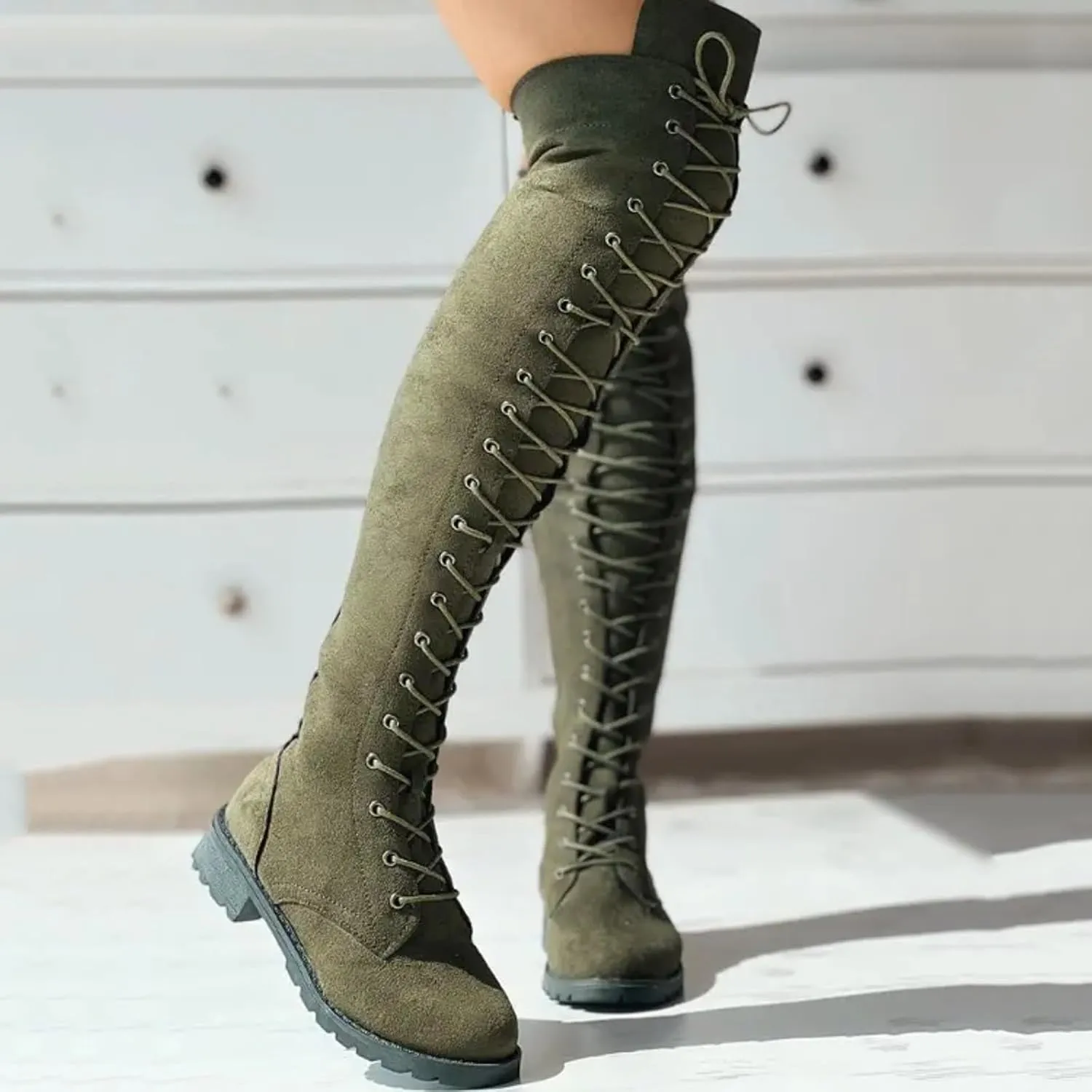 Hiking Boots Women Strap Back Over Knee Boots Suede Long Boots Comfort Chunky Heels Thigh High Dress Boots