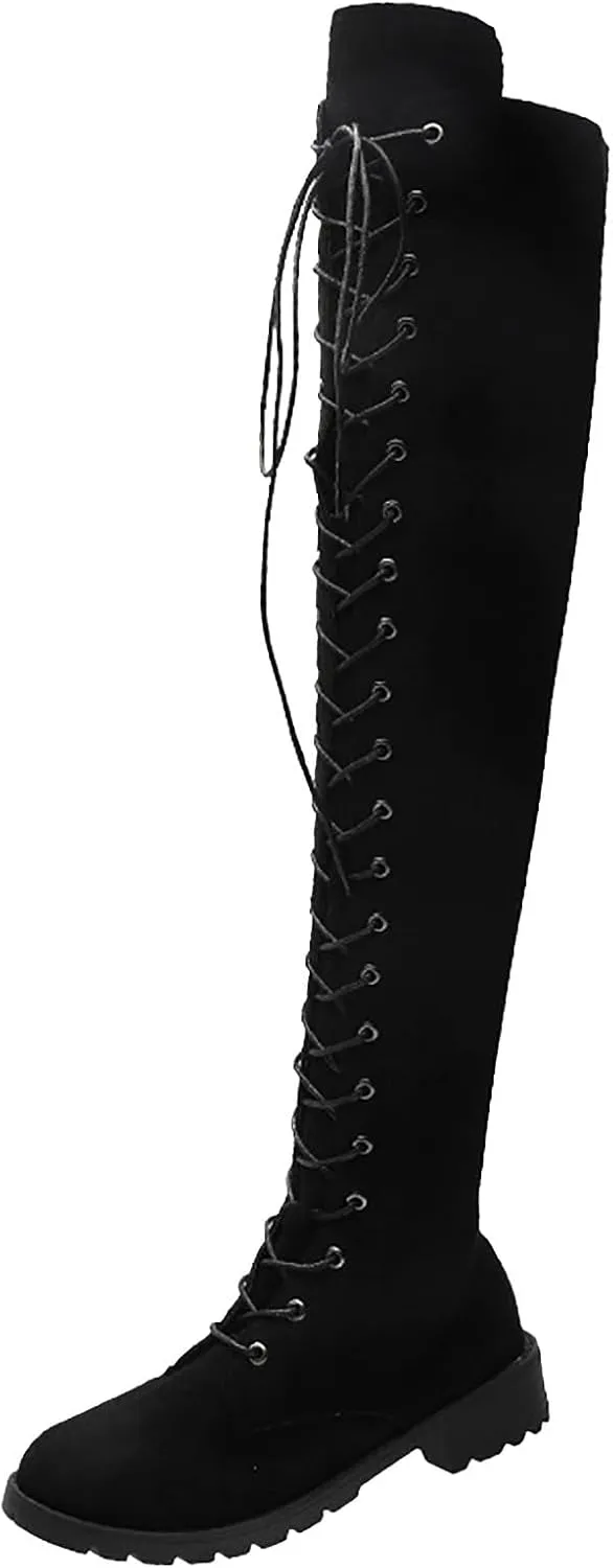 Hiking Boots Women Strap Back Over Knee Boots Suede Long Boots Comfort Chunky Heels Thigh High Dress Boots