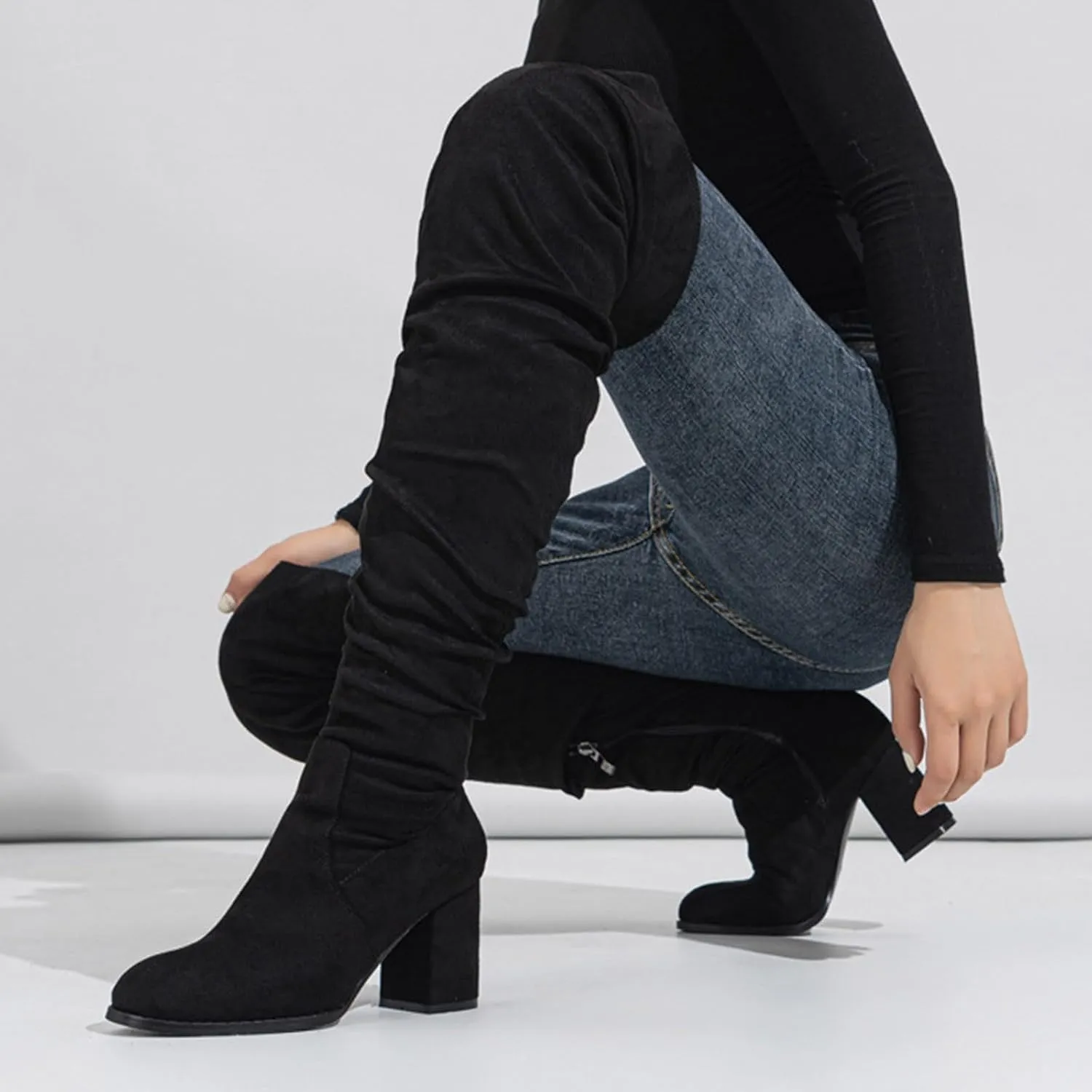 Hiking Boots Women Strap Back Over Knee Boots Suede Long Boots Comfort Chunky Heels Thigh High Dress Boots