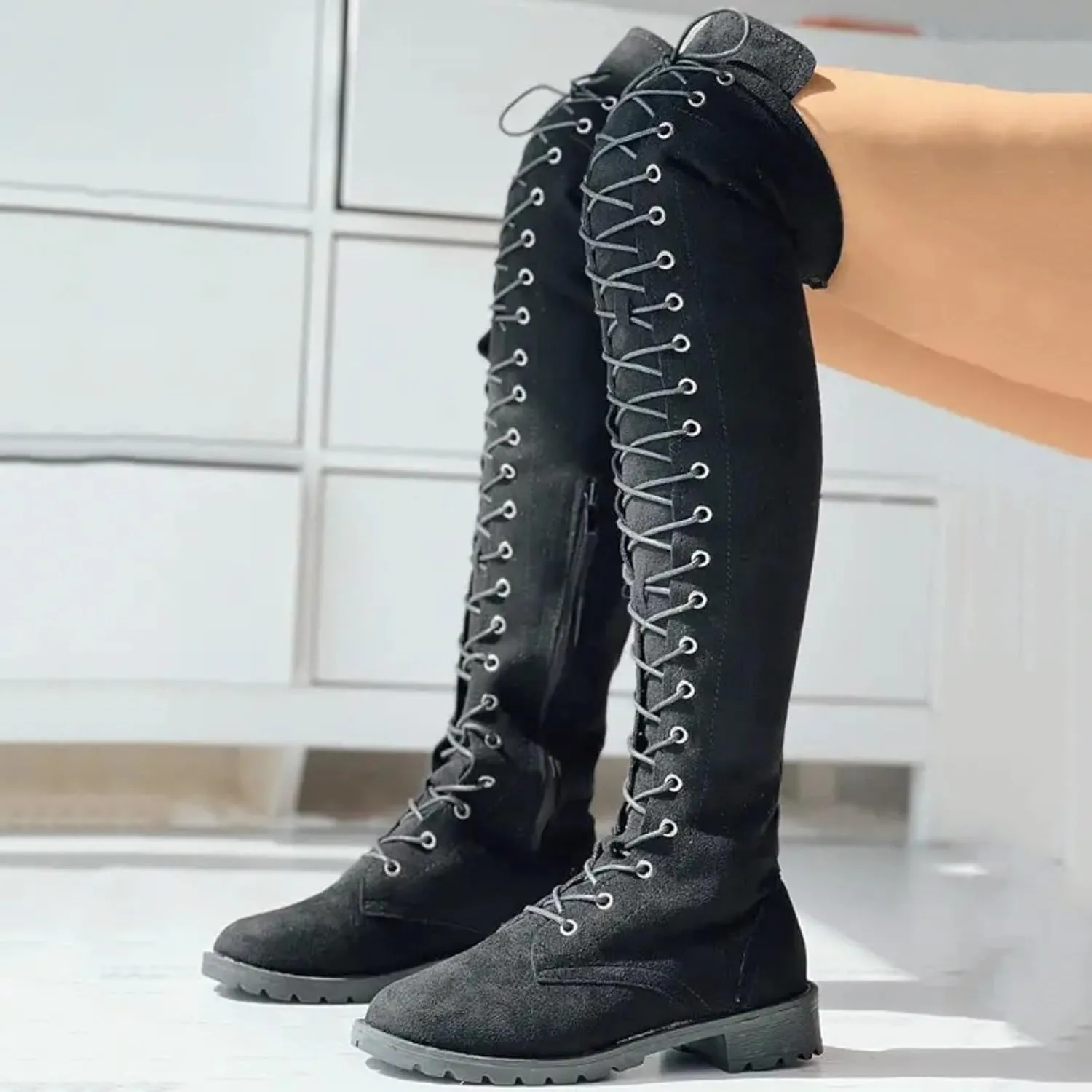 Hiking Boots Women Strap Back Over Knee Boots Suede Long Boots Comfort Chunky Heels Thigh High Dress Boots