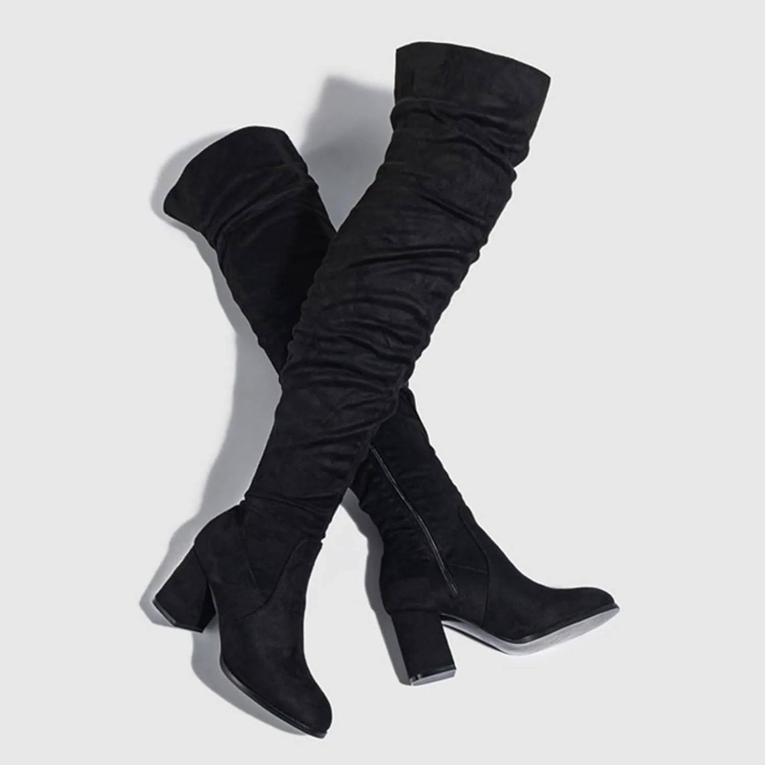 Hiking Boots Women Strap Back Over Knee Boots Suede Long Boots Comfort Chunky Heels Thigh High Dress Boots