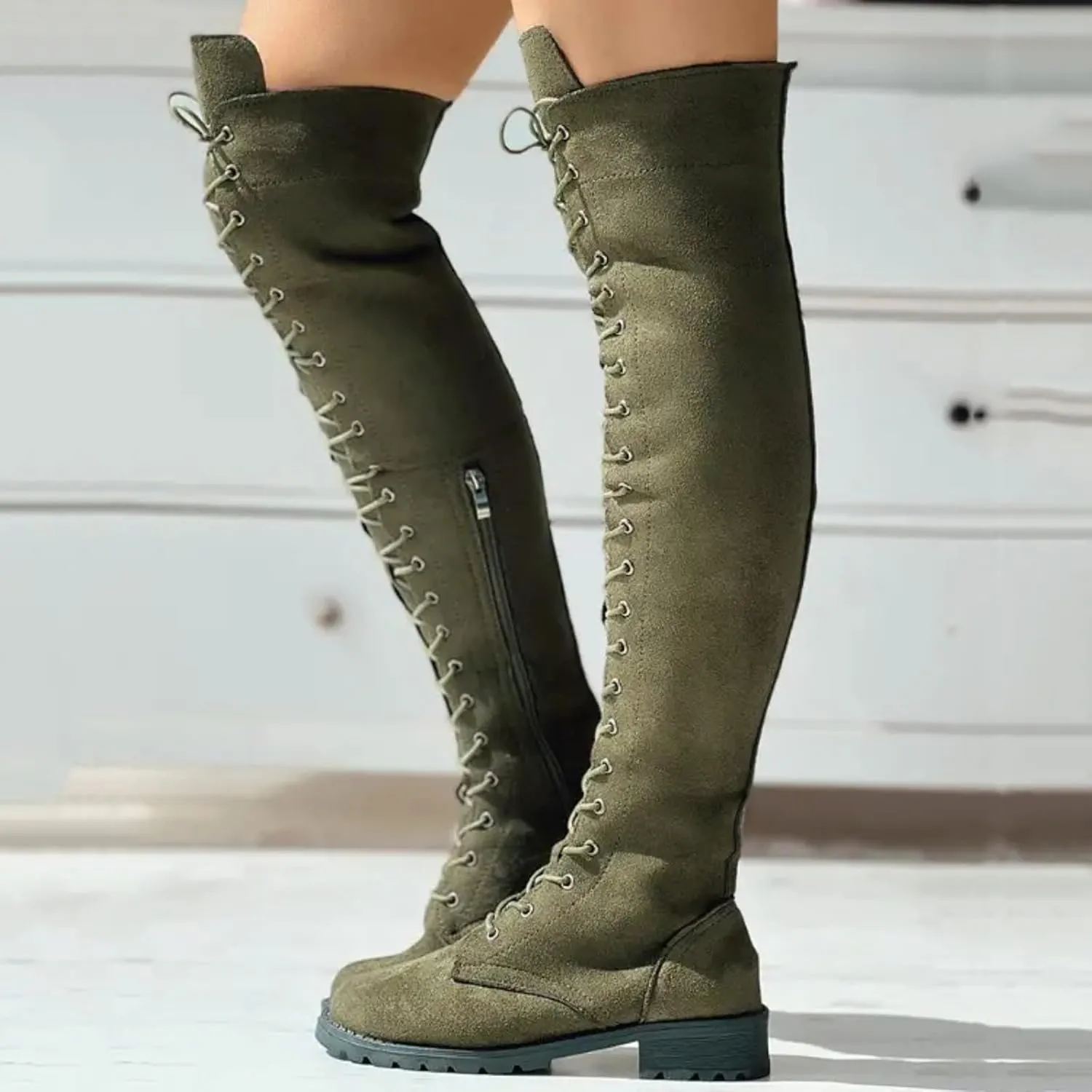 Hiking Boots Women Strap Back Over Knee Boots Suede Long Boots Comfort Chunky Heels Thigh High Dress Boots