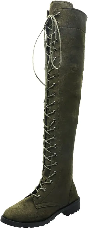 Hiking Boots Women Strap Back Over Knee Boots Suede Long Boots Comfort Chunky Heels Thigh High Dress Boots