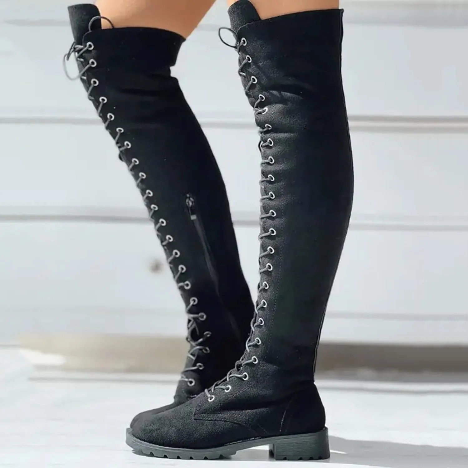 Hiking Boots Women Strap Back Over Knee Boots Suede Long Boots Comfort Chunky Heels Thigh High Dress Boots