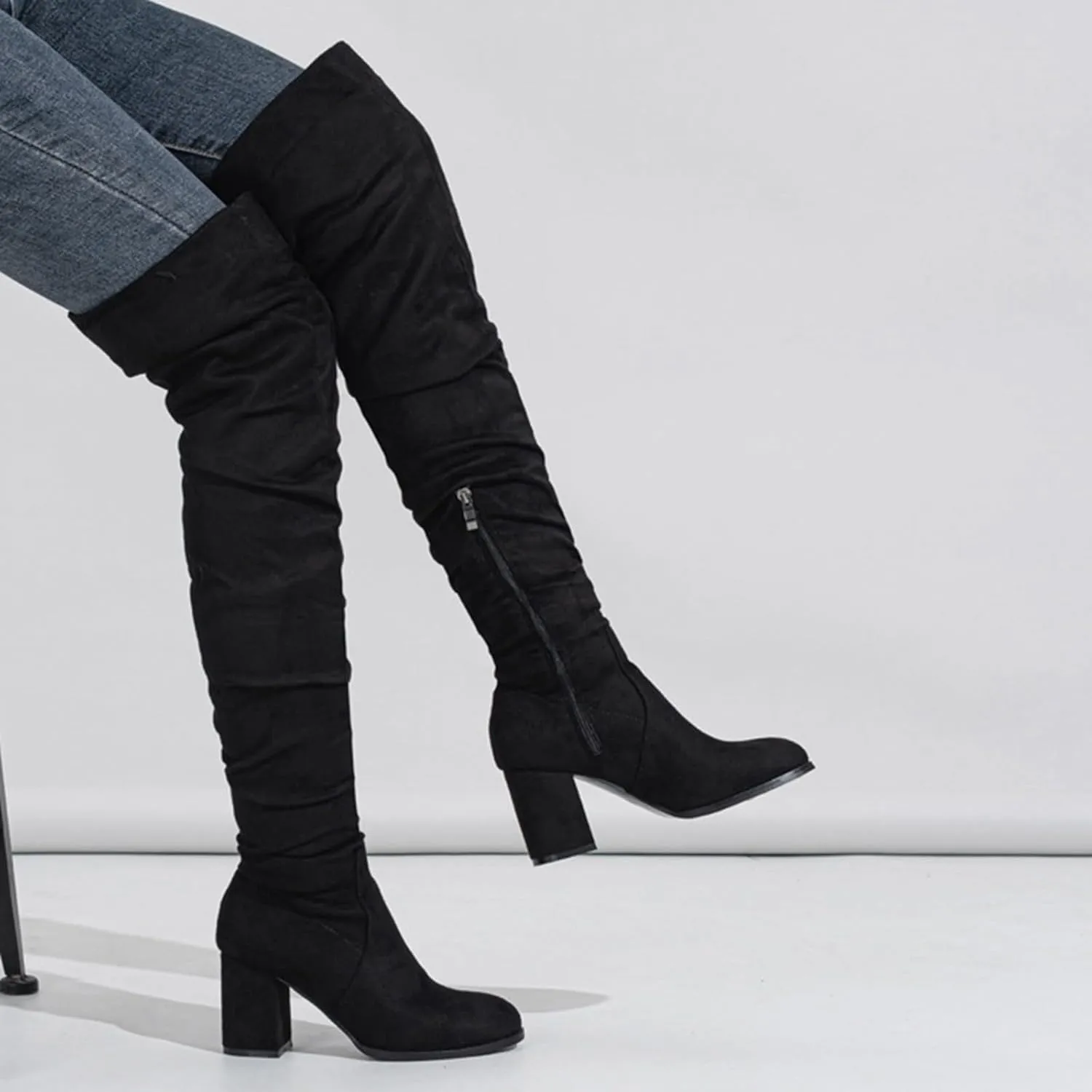 Hiking Boots Women Strap Back Over Knee Boots Suede Long Boots Comfort Chunky Heels Thigh High Dress Boots
