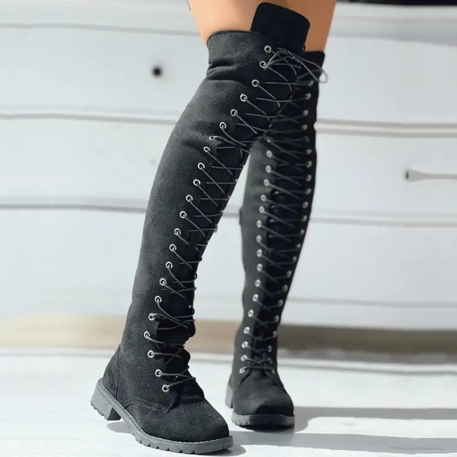 Hiking Boots Women Strap Back Over Knee Boots Suede Long Boots Comfort Chunky Heels Thigh High Dress Boots