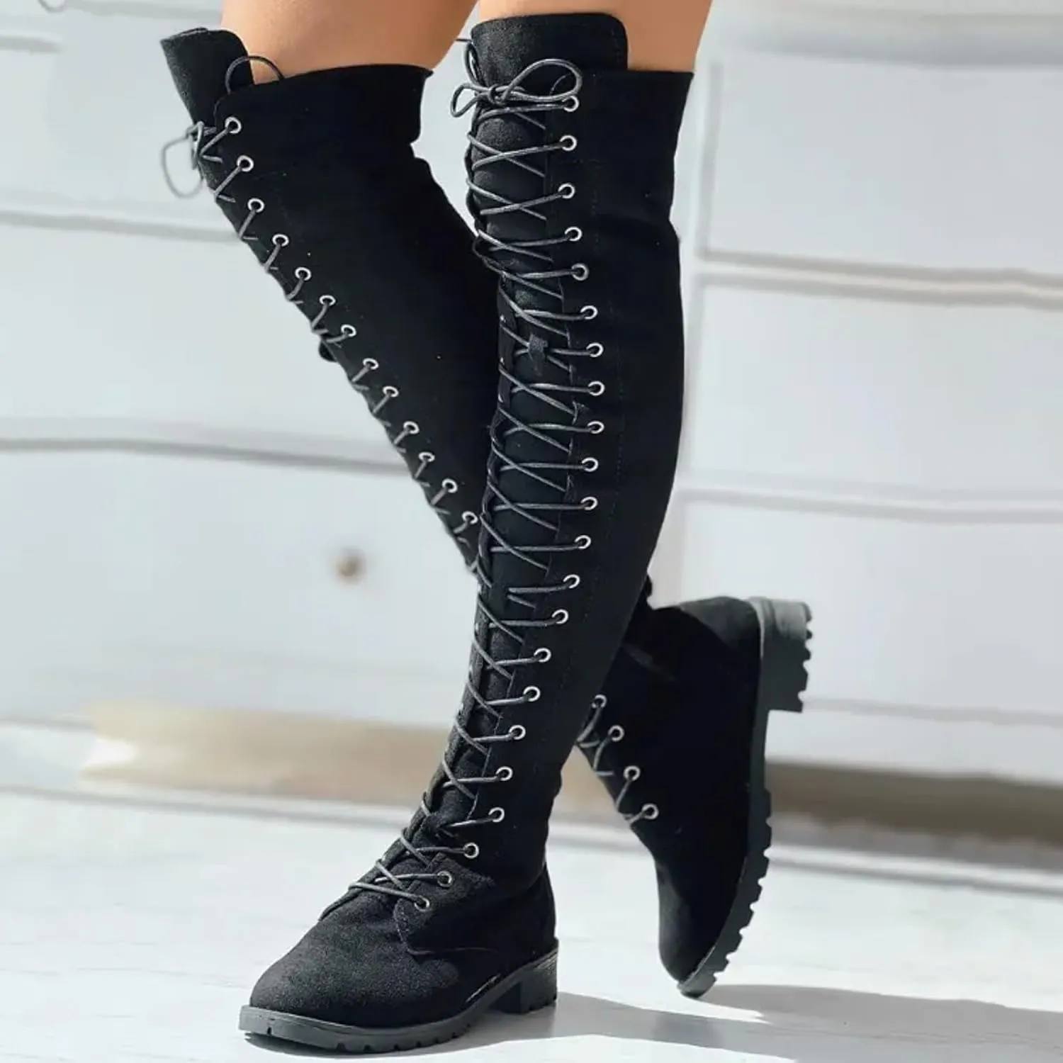 Hiking Boots Women Strap Back Over Knee Boots Suede Long Boots Comfort Chunky Heels Thigh High Dress Boots