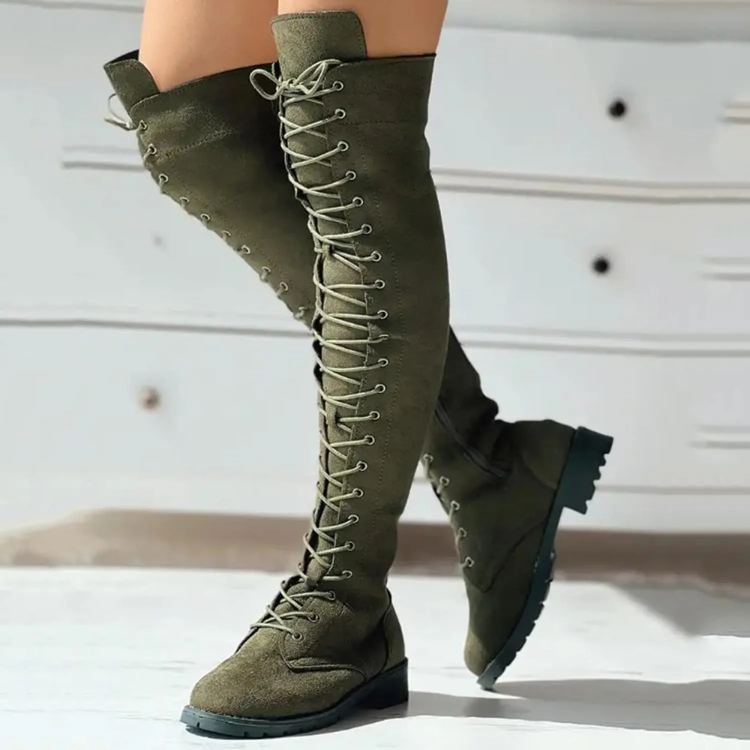 Hiking Boots Women Strap Back Over Knee Boots Suede Long Boots Comfort Chunky Heels Thigh High Dress Boots