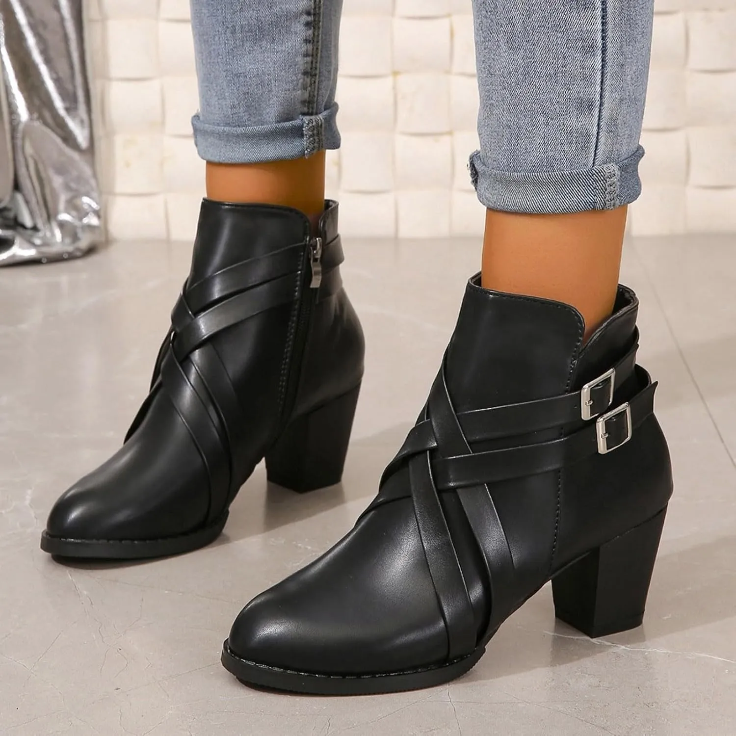 Hiking Boots Women Women's 2 Buckle Side Zipper Ankle Boots Low Heel Pointed Toe Booties Elegant Pull On Ladies Bootie