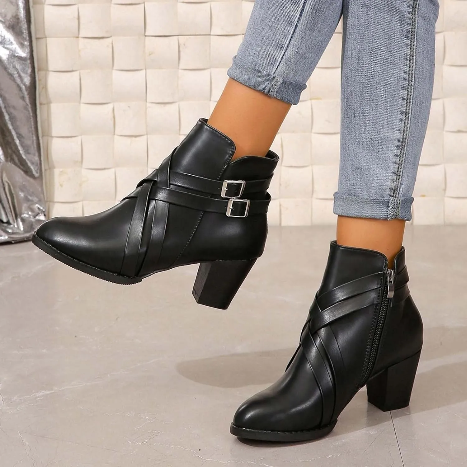 Hiking Boots Women Women's 2 Buckle Side Zipper Ankle Boots Low Heel Pointed Toe Booties Elegant Pull On Ladies Bootie