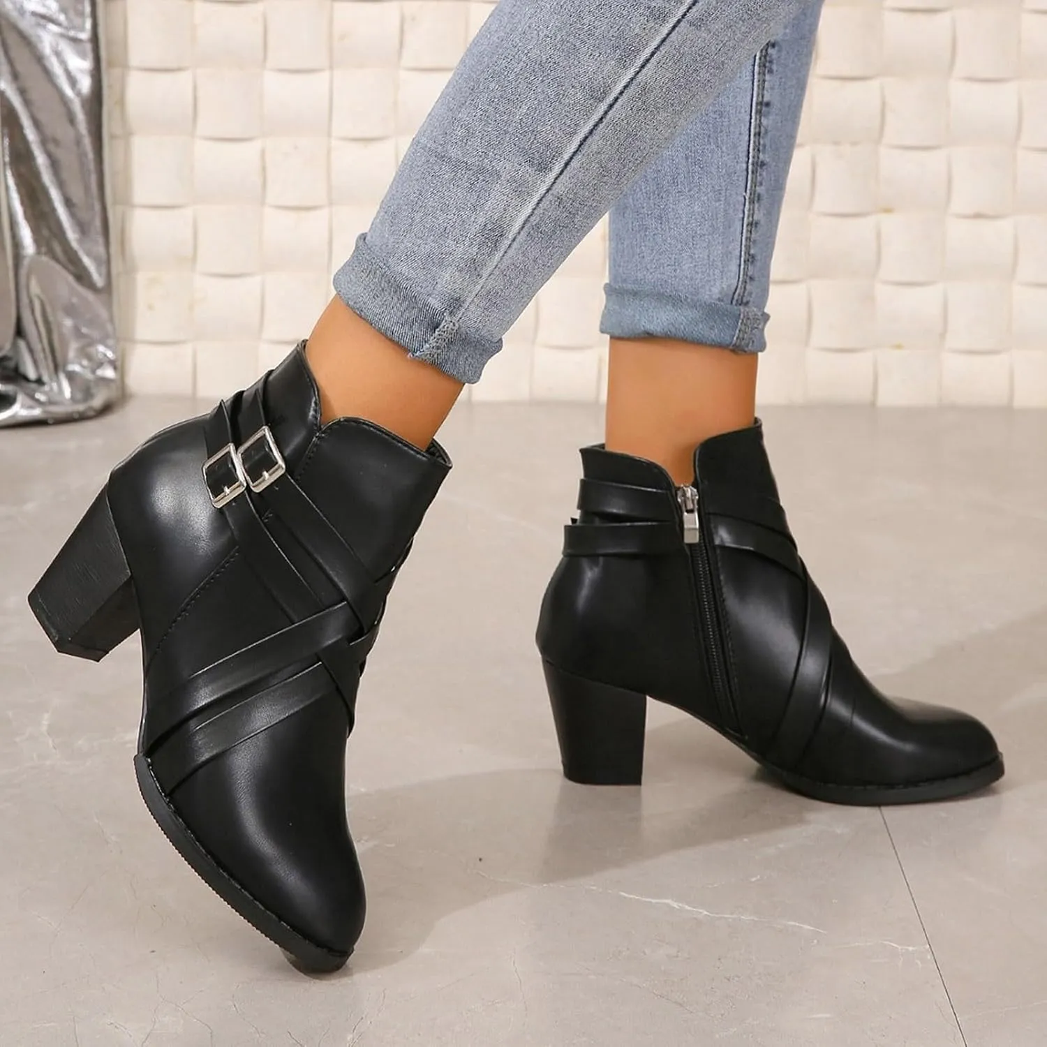 Hiking Boots Women Women's 2 Buckle Side Zipper Ankle Boots Low Heel Pointed Toe Booties Elegant Pull On Ladies Bootie