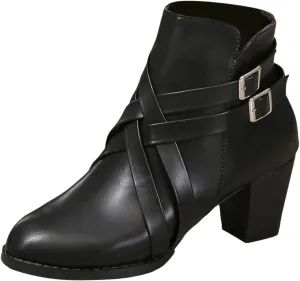 Hiking Boots Women Women's 2 Buckle Side Zipper Ankle Boots Low Heel Pointed Toe Booties Elegant Pull On Ladies Bootie