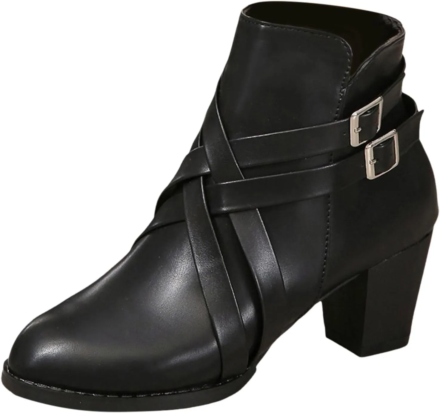 Hiking Boots Women Women's 2 Buckle Side Zipper Ankle Boots Low Heel Pointed Toe Booties Elegant Pull On Ladies Bootie