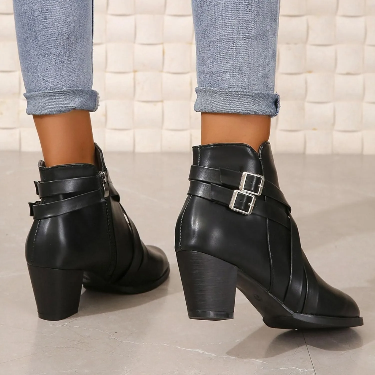 Hiking Boots Women Women's 2 Buckle Side Zipper Ankle Boots Low Heel Pointed Toe Booties Elegant Pull On Ladies Bootie