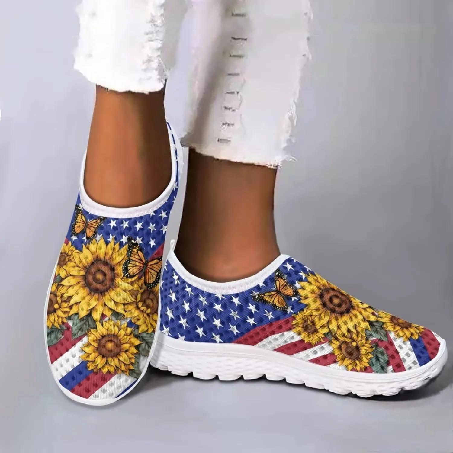 HUGS IDEA Women's Floral Mesh Slip on Shoes