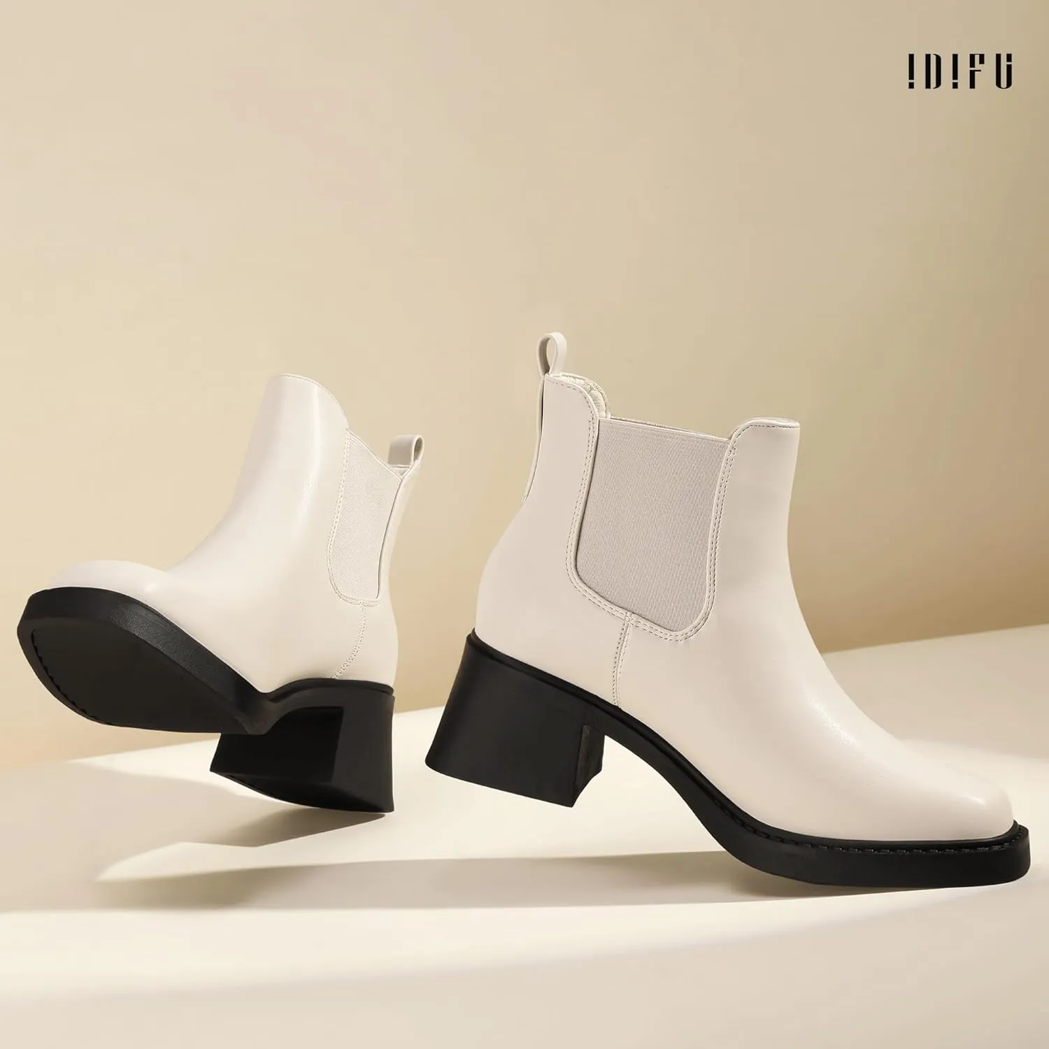 IDIFU IN2 Chelsea Boots Women Ankle Boots for Women Low Chunky Block Heel Short Square Toe Boots Fall Comfortable Fashion Casual Cute Work Office Dress Booties Slip On Classic Elastic Heeled Boots