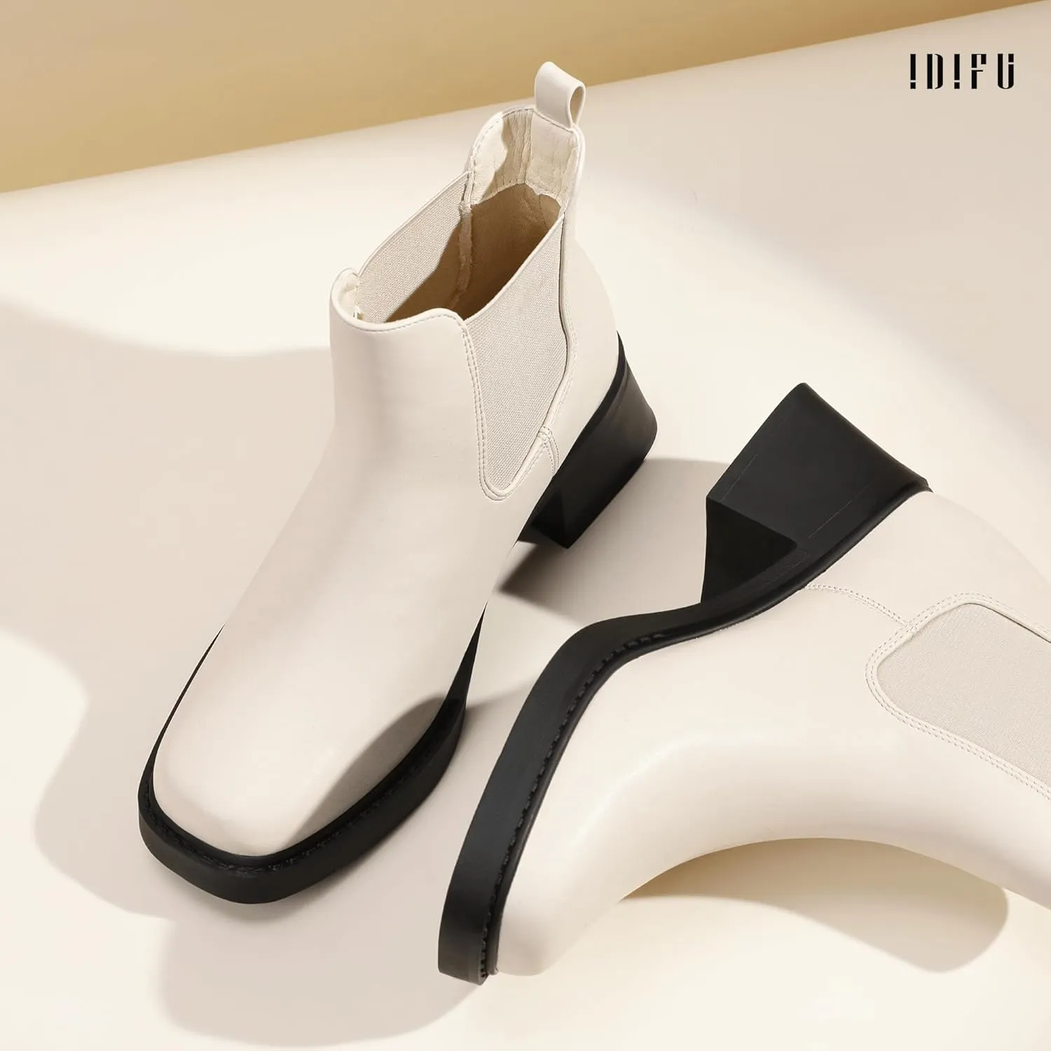 IDIFU IN2 Chelsea Boots Women Ankle Boots for Women Low Chunky Block Heel Short Square Toe Boots Fall Comfortable Fashion Casual Cute Work Office Dress Booties Slip On Classic Elastic Heeled Boots