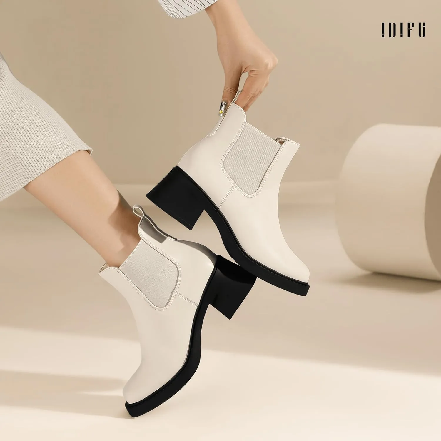 IDIFU IN2 Chelsea Boots Women Ankle Boots for Women Low Chunky Block Heel Short Square Toe Boots Fall Comfortable Fashion Casual Cute Work Office Dress Booties Slip On Classic Elastic Heeled Boots