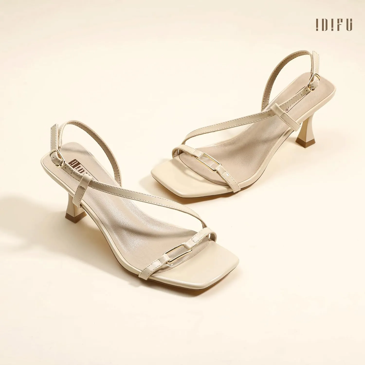 IDIFU IN3 Kitten Heels Strappy Slingback Open Square Toe Short Low Small Heeled Sandals Wedding Bridal Prom Bride Bridesmaid Dress Shoes For Women Comfortable Work Cute Trendy Fashion Heels