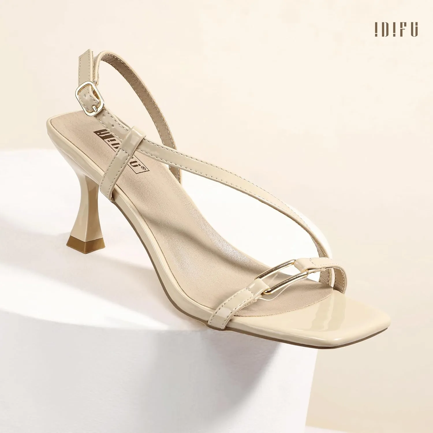 IDIFU IN3 Kitten Heels Strappy Slingback Open Square Toe Short Low Small Heeled Sandals Wedding Bridal Prom Bride Bridesmaid Dress Shoes For Women Comfortable Work Cute Trendy Fashion Heels