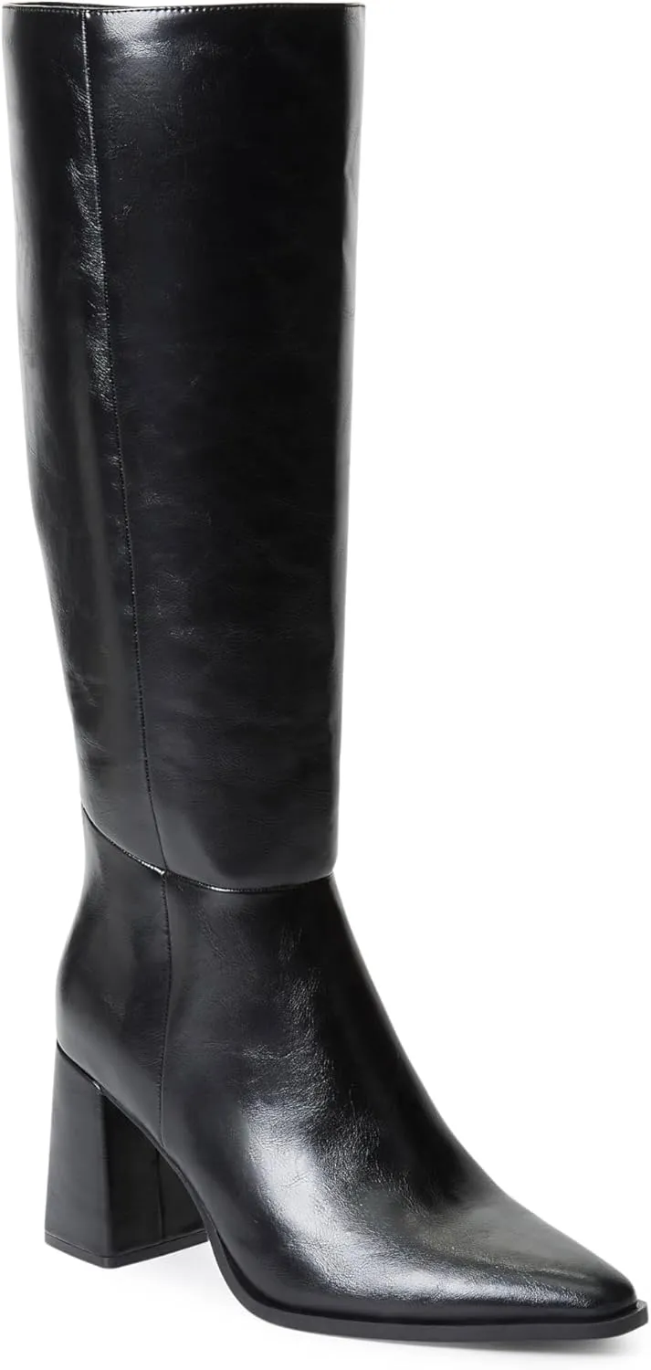 JustFab Knee High Boots Womens Pointed Toe Tall Boots Chunky Heel Long Boots Side Zipper Fashion Boots - CAITE