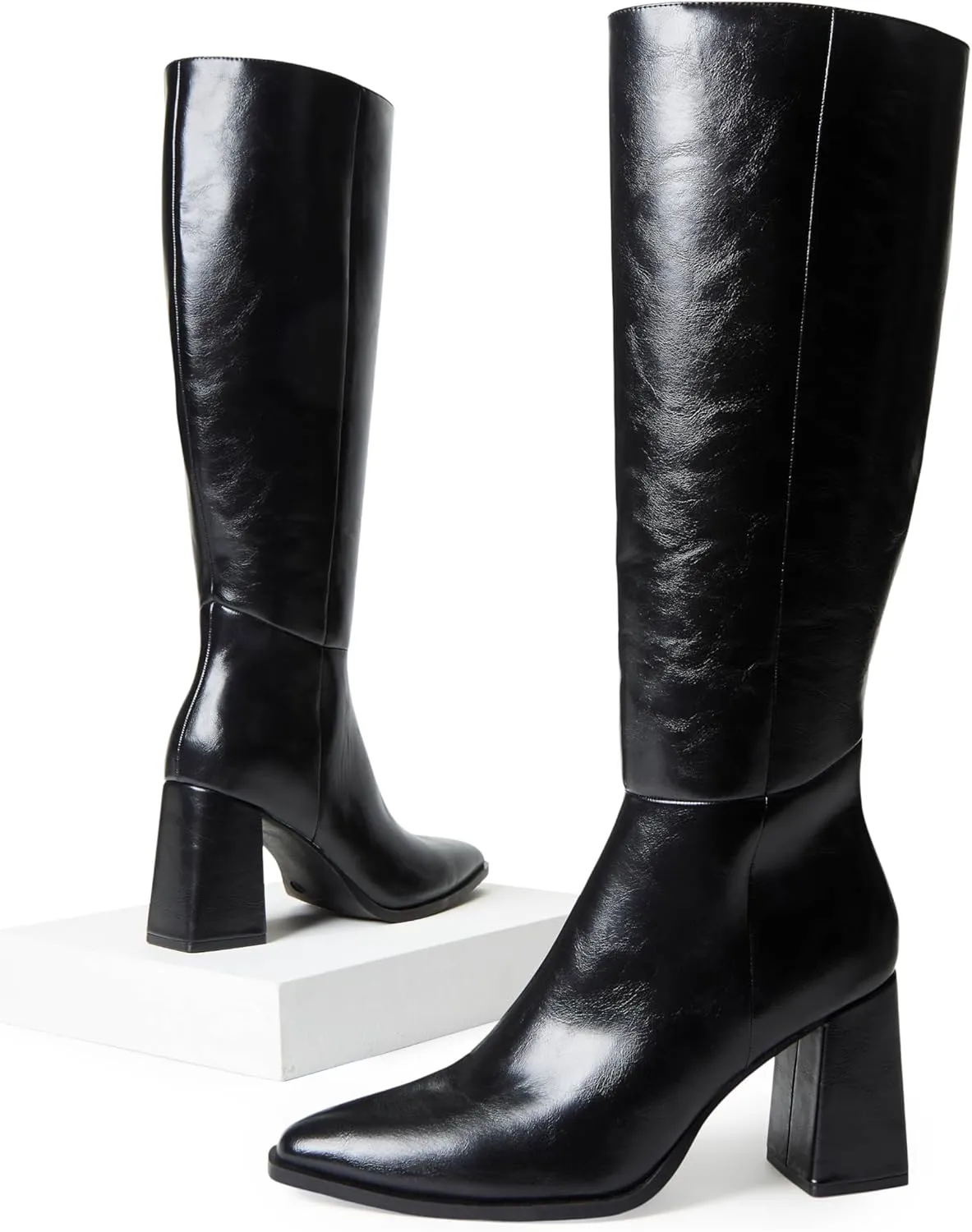 JustFab Knee High Boots Womens Pointed Toe Tall Boots Chunky Heel Long Boots Side Zipper Fashion Boots - CAITE