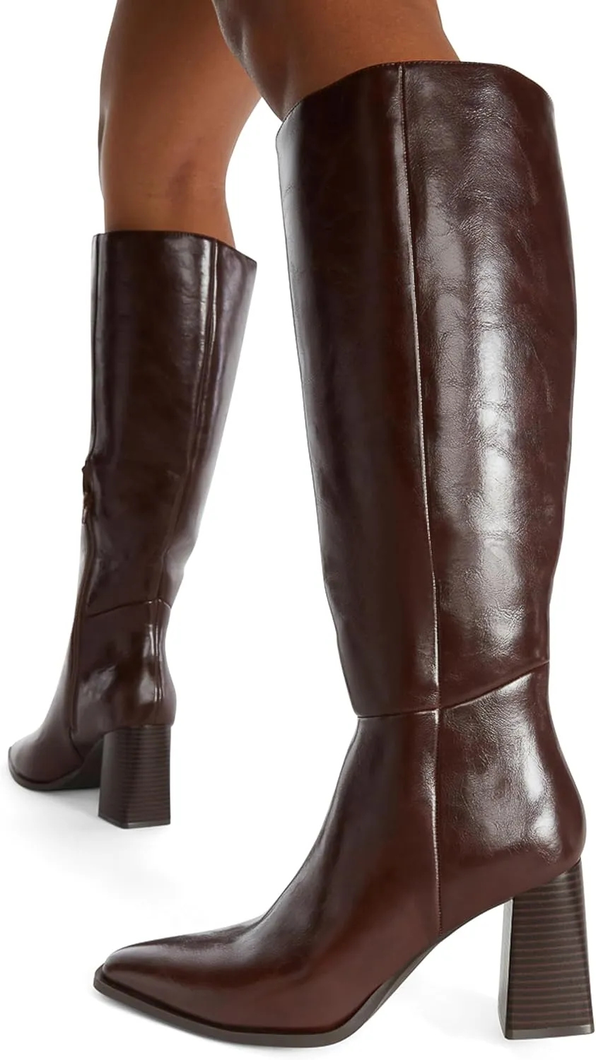 JustFab Knee High Boots Womens Pointed Toe Tall Boots Chunky Heel Long Boots Side Zipper Fashion Boots - CAITE