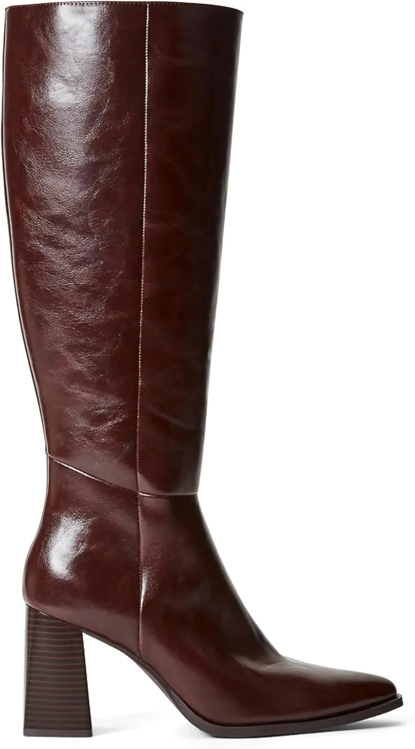 JustFab Knee High Boots Womens Pointed Toe Tall Boots Chunky Heel Long Boots Side Zipper Fashion Boots - CAITE