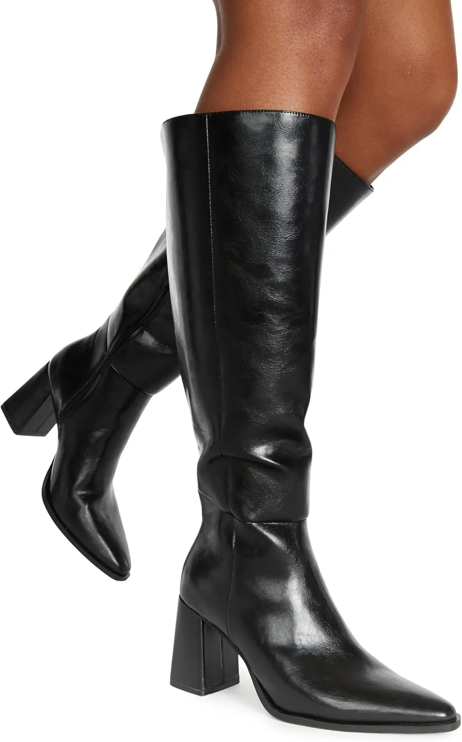 JustFab Knee High Boots Womens Pointed Toe Tall Boots Chunky Heel Long Boots Side Zipper Fashion Boots - CAITE
