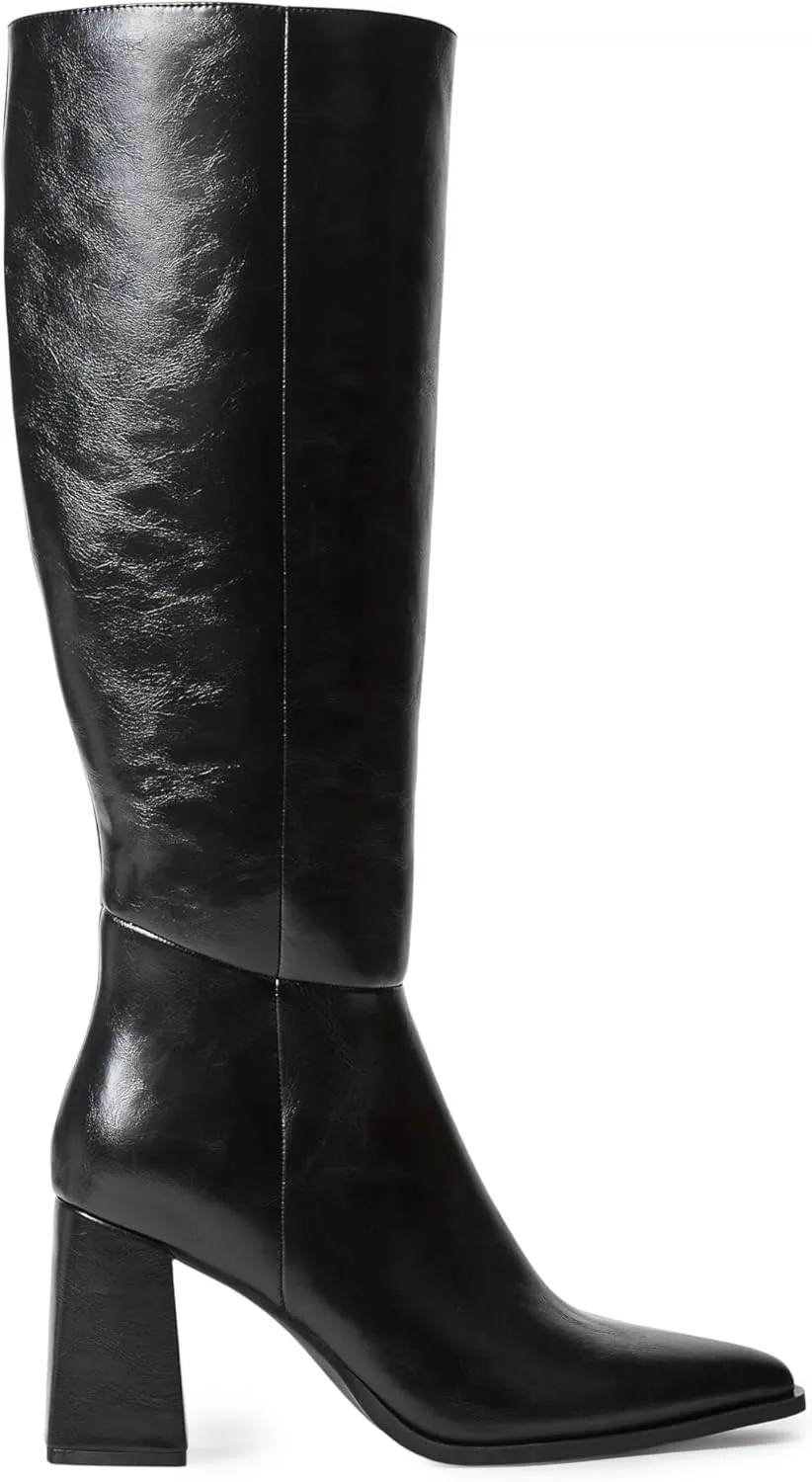 JustFab Knee High Boots Womens Pointed Toe Tall Boots Chunky Heel Long Boots Side Zipper Fashion Boots - CAITE