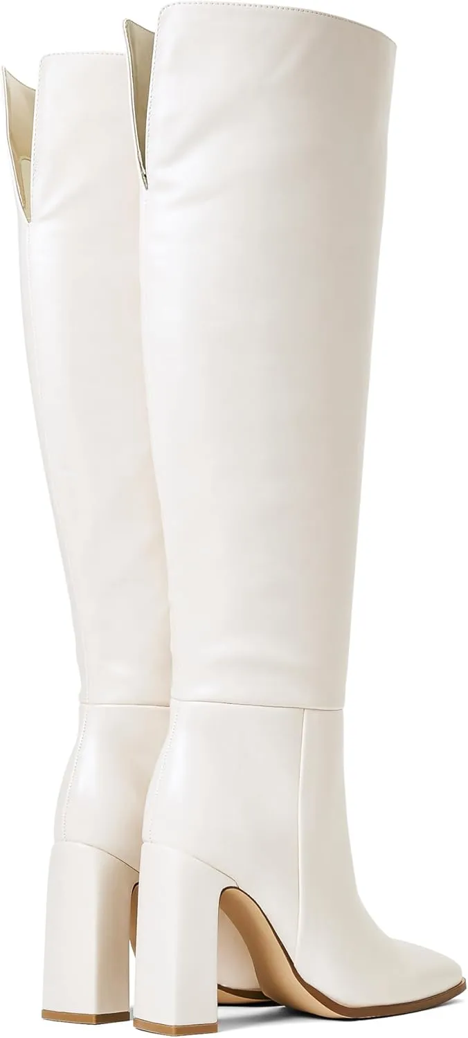 JustFab Knee High Boots Womens Square Toe Chunky Heel Tall Boots for Women High Heel Side Zipper Long Boots - Monrow