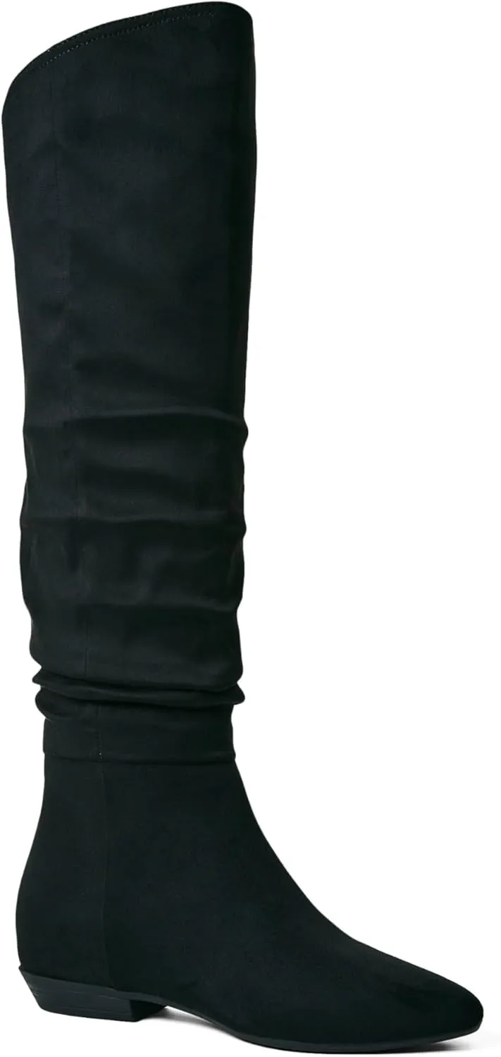 JustFab Women's Pointed Toe Tall Chunky Heel Knee High Fashion Boots - ISSEY