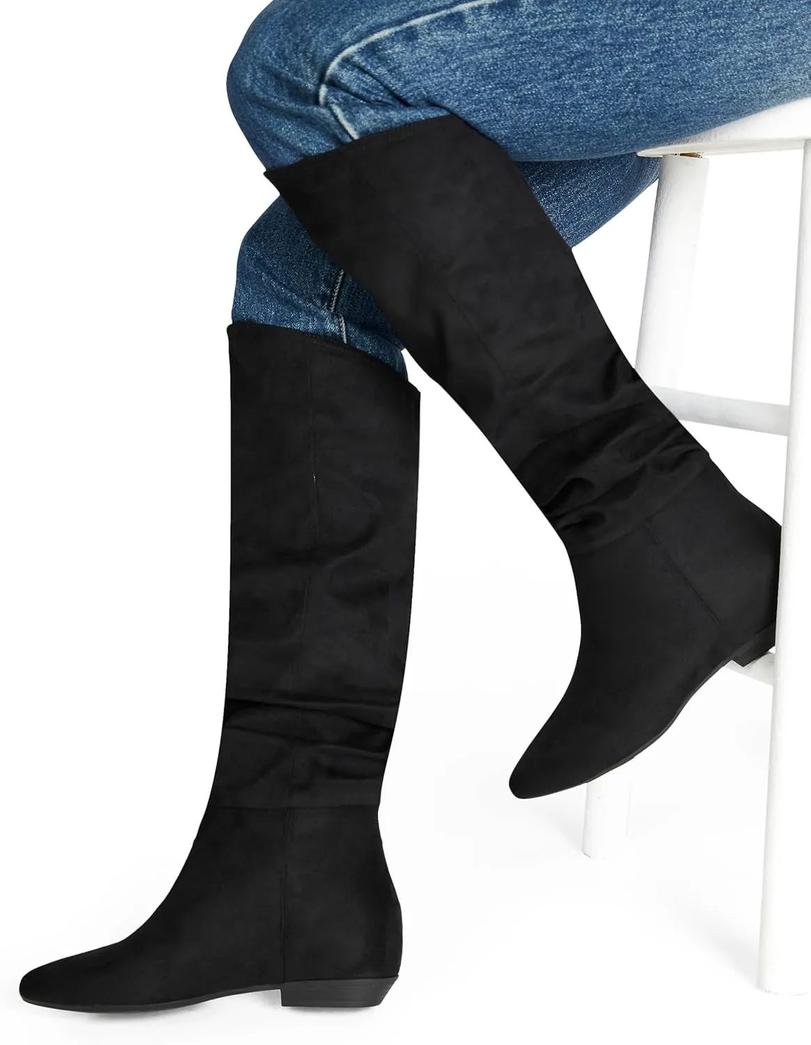 JustFab Women's Pointed Toe Tall Chunky Heel Knee High Fashion Boots - ISSEY