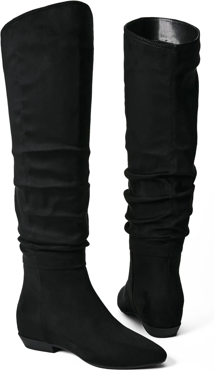 JustFab Women's Pointed Toe Tall Chunky Heel Knee High Fashion Boots - ISSEY