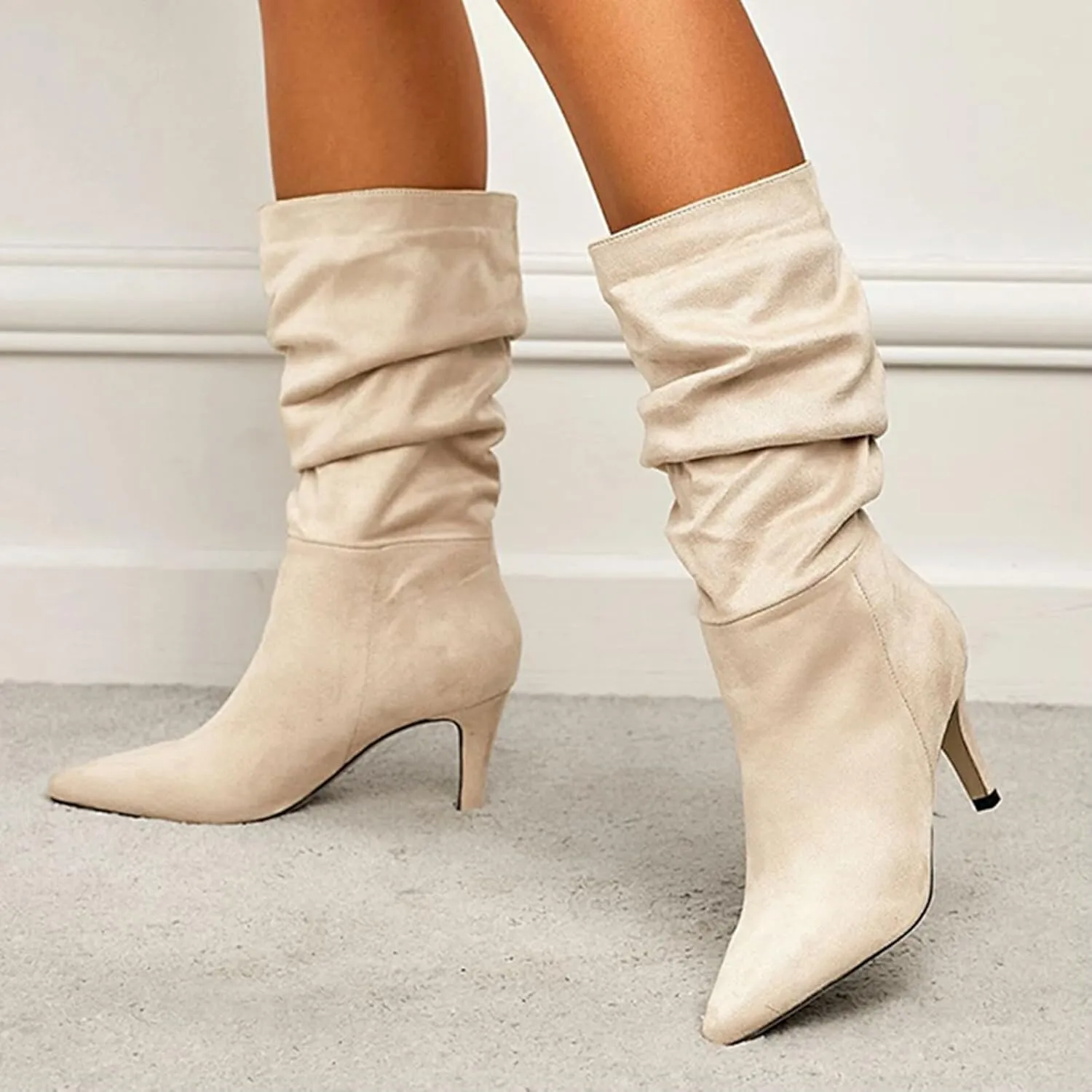Knee High Boots for Women Mid Calf Slouchy Boots Kitten Heel Boots Suede High Heel Slip-on Stiletto Sexy Pointed Toe Booties