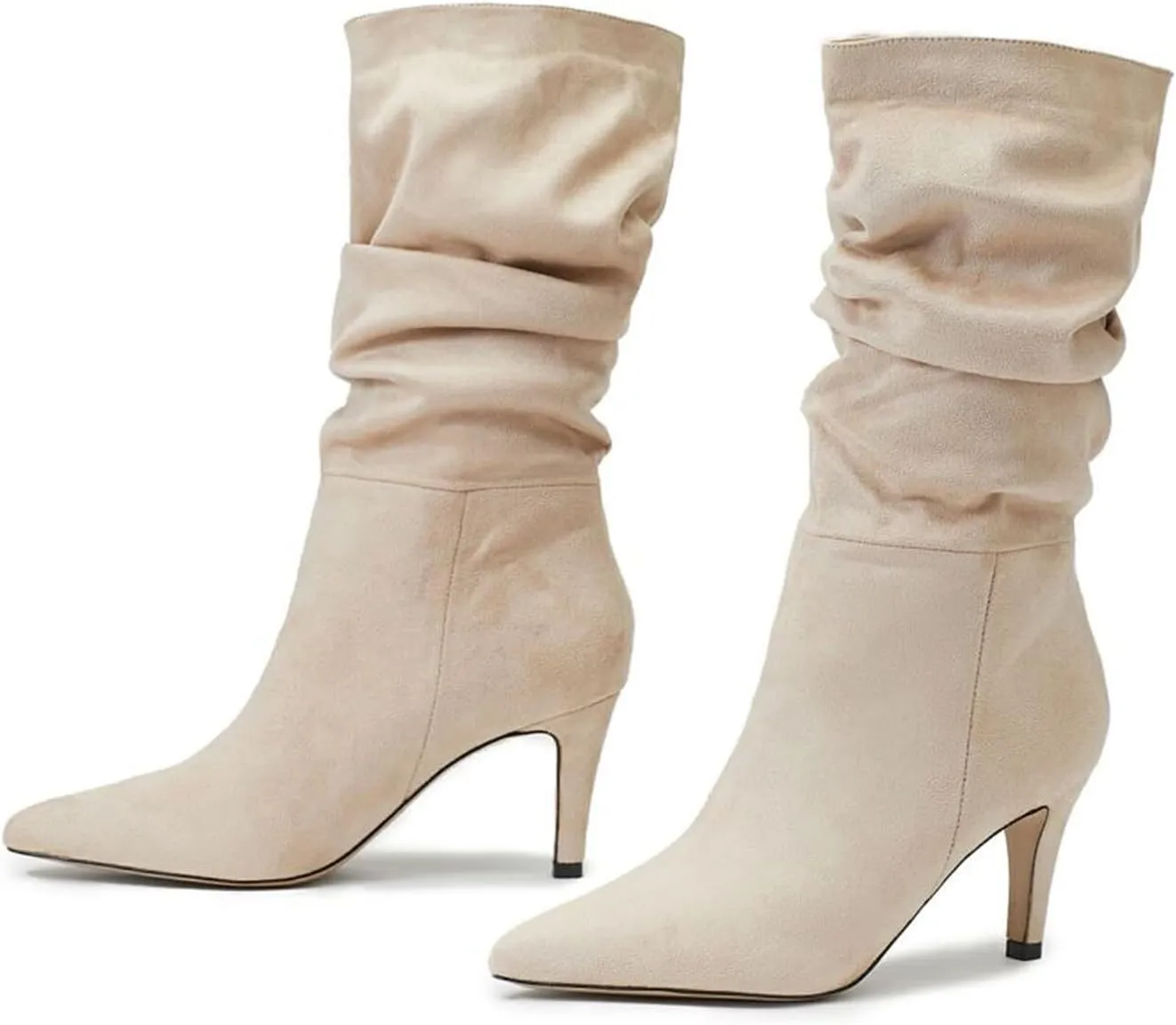 Knee High Boots for Women Mid Calf Slouchy Boots Kitten Heel Boots Suede High Heel Slip-on Stiletto Sexy Pointed Toe Booties