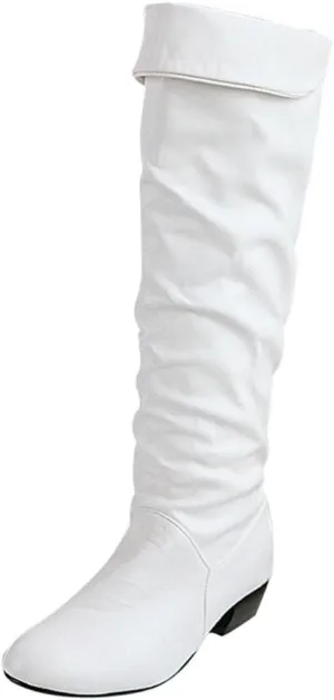 Knee High Boots Women Pointed Toe Pull on Flat Boots Side Zipper Long Boots High Wrinkled Slouchy Boots