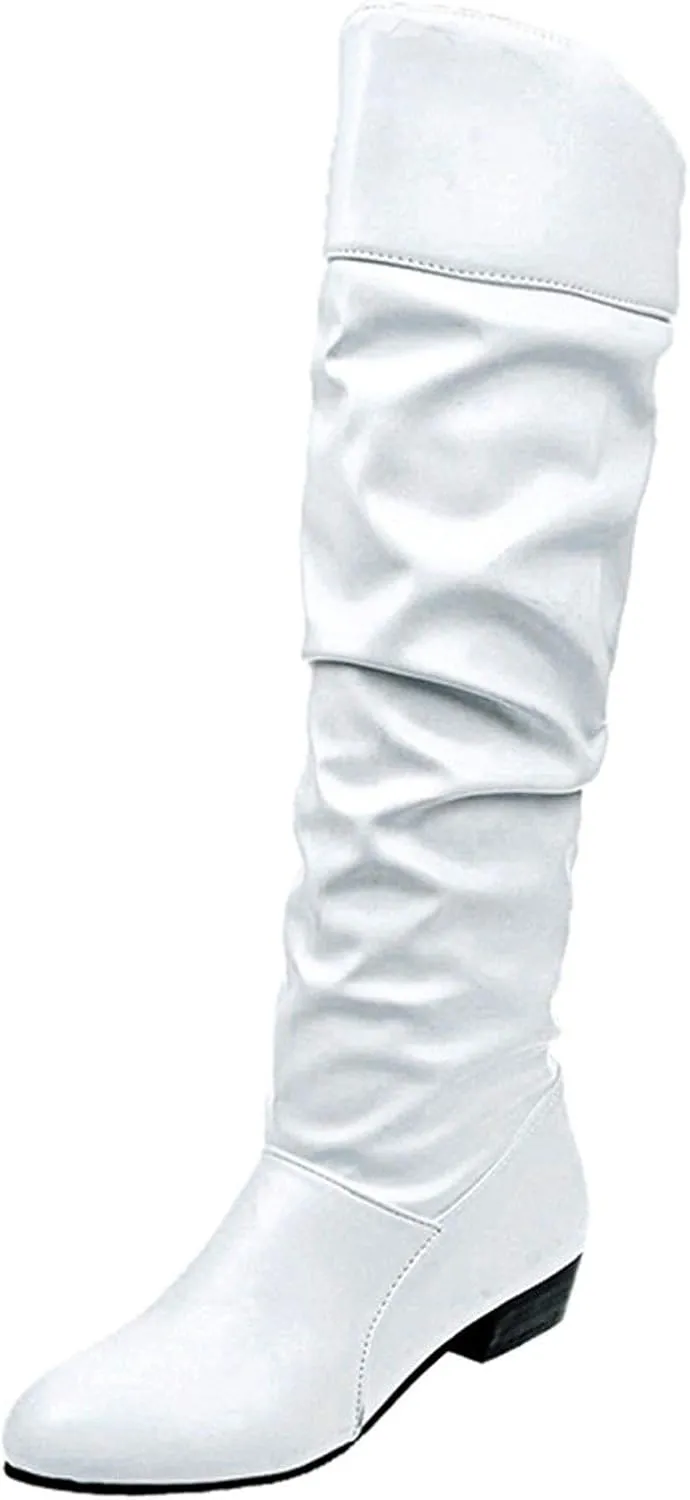 Knee High Boots Women Pointed Toe Pull on Flat Boots Side Zipper Long Boots High Wrinkled Slouchy Boots