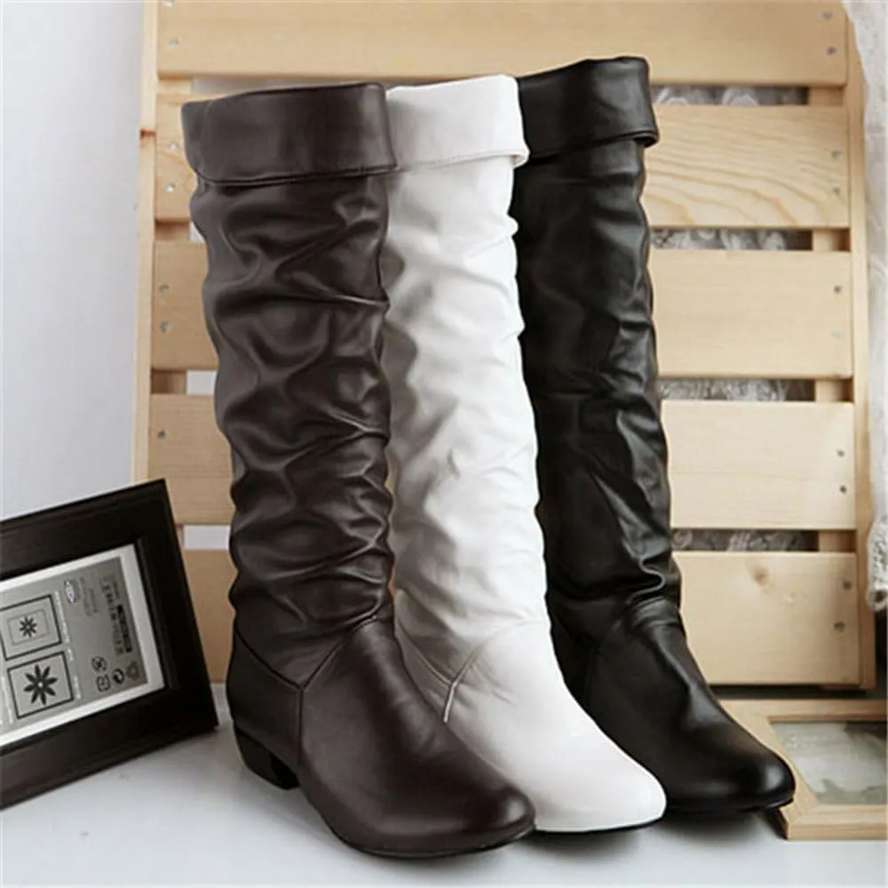 Knee High Boots Women Pointed Toe Pull on Flat Boots Side Zipper Long Boots High Wrinkled Slouchy Boots