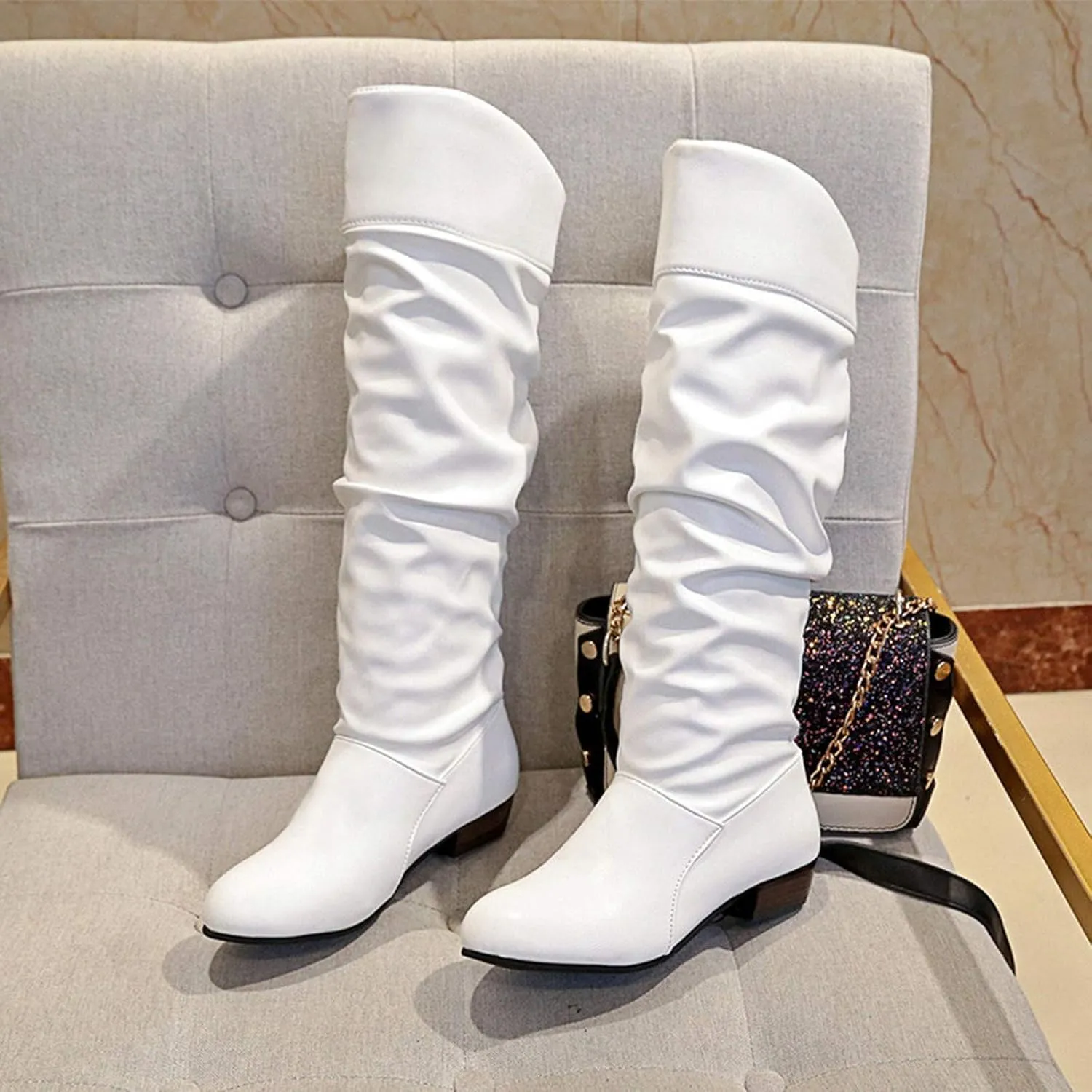 Knee High Boots Women Pointed Toe Pull on Flat Boots Side Zipper Long Boots High Wrinkled Slouchy Boots
