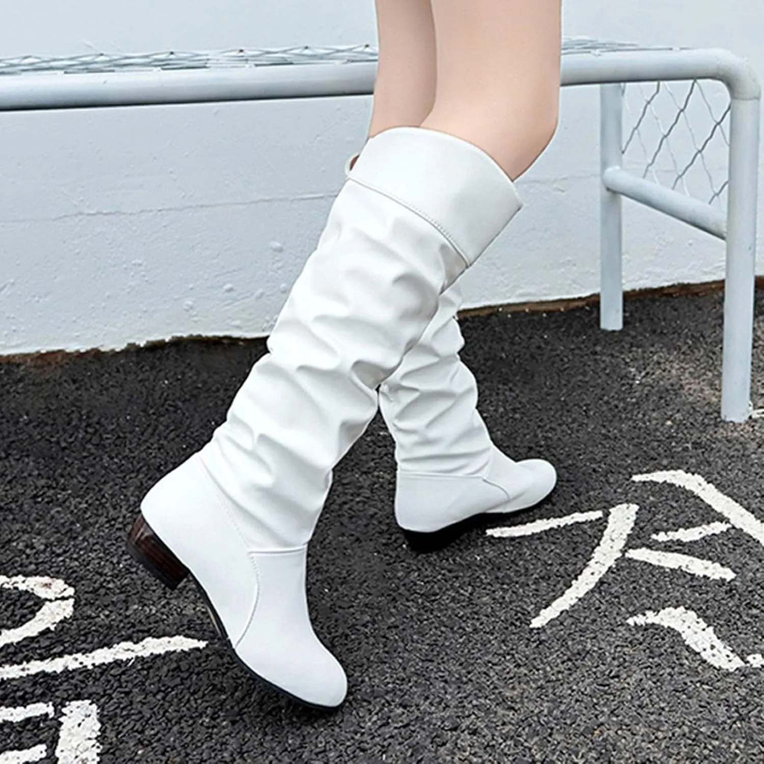 Knee High Boots Women Pointed Toe Pull on Flat Boots Side Zipper Long Boots High Wrinkled Slouchy Boots