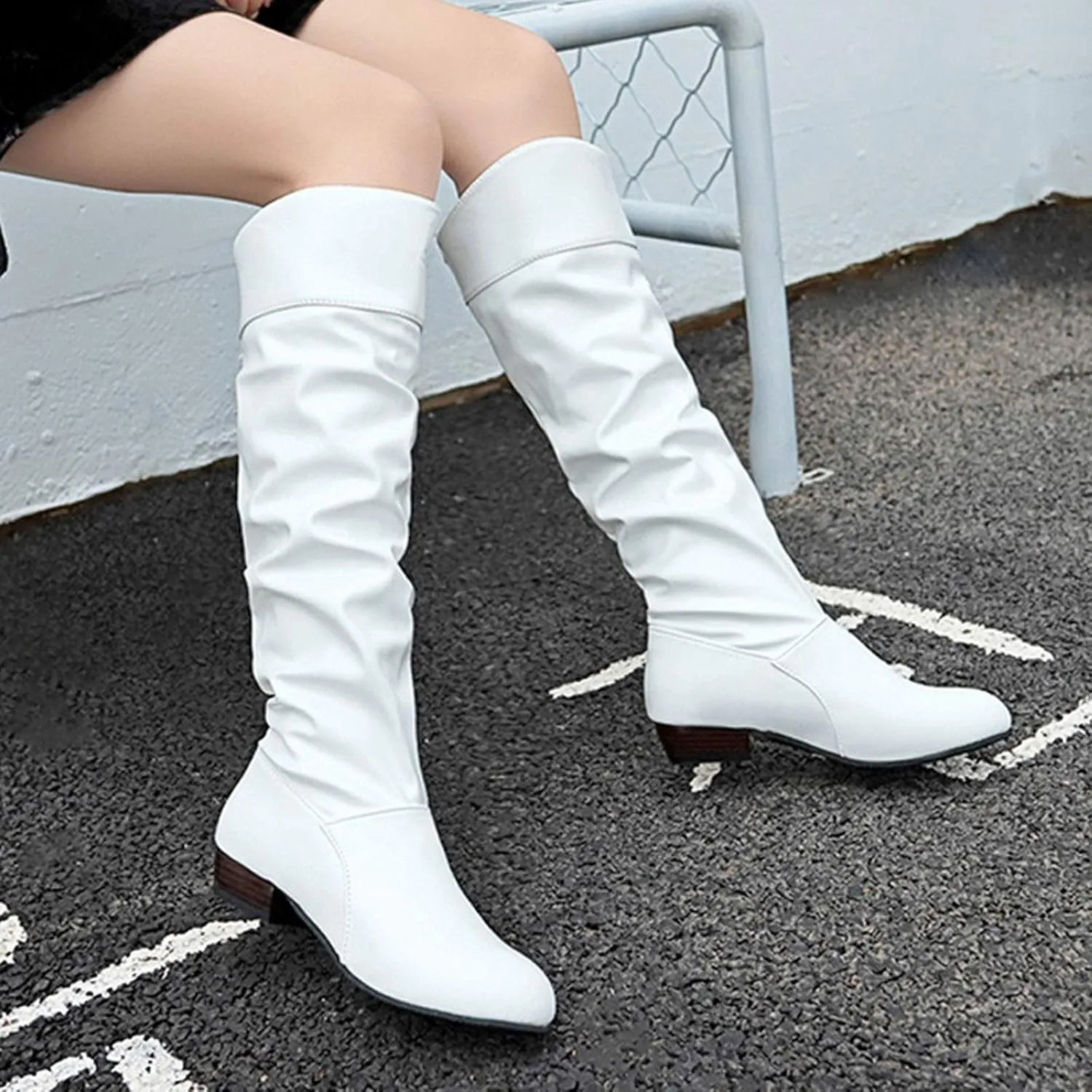 Knee High Boots Women Pointed Toe Pull on Flat Boots Side Zipper Long Boots High Wrinkled Slouchy Boots